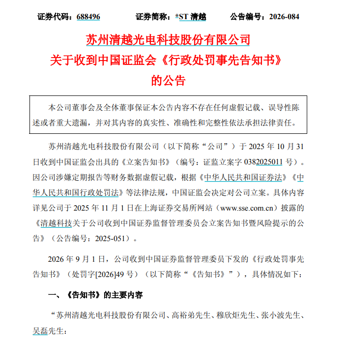 涉欺诈发行、信披违法，*ST清越被罚1.72亿元，股票濒临退市